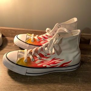 White High Top Converse with Flames